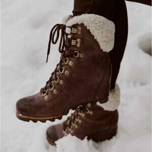 Sorel 8 Conquest Wedge Lace Up Winter Boots Leather Shearling Snow Shoes Brown